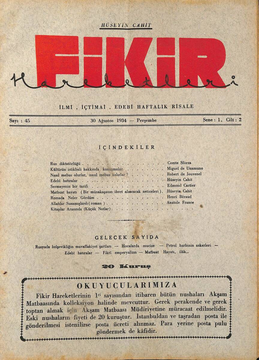 Fikir Hareketleri İlmi, İçtimai, Edebi Haftalık Risale 1934 Sayı 45 - Hüseyin Cahit - Edmond Cartier NDR92092 - 1