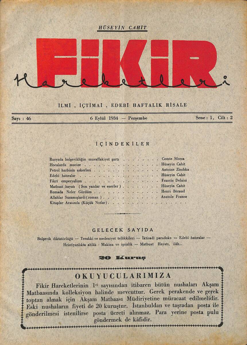 Fikir Hareketleri İlmi, İçtimai, Edebi Haftalık Risale 1934 Sayı 46 - Hüseyin Cahit - Comte Sforza NDR92091 - 1