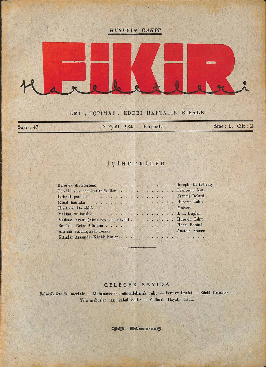 Fikir Hareketleri İlmi, İçtimai, Edebi Haftalık Risale 1934 Sayı 47 - Hüseyin Cahit - Francesco Nitti NDR92090 - 1