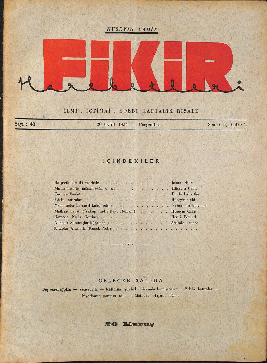 Fikir Hareketleri İlmi, İçtimai, Edebi Haftalık Risale 1934 Sayı 48 - Hüseyin Cahit - Emile Labarthe NDR92089 - 1