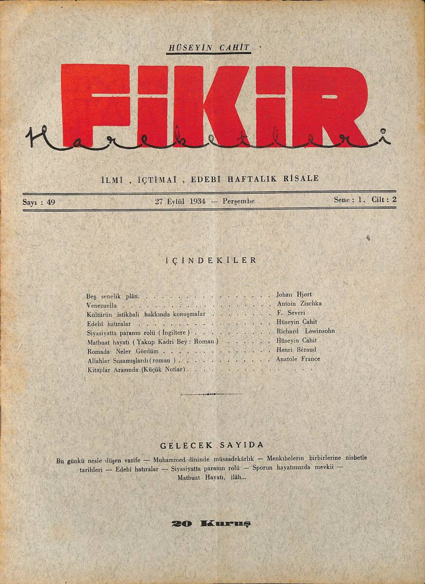 Fikir Hareketleri İlmi, İçtimai, Edebi Haftalık Risale 1934 Sayı 49- Hüseyin Cahit - Antoin Zischka NDR92088 - 1