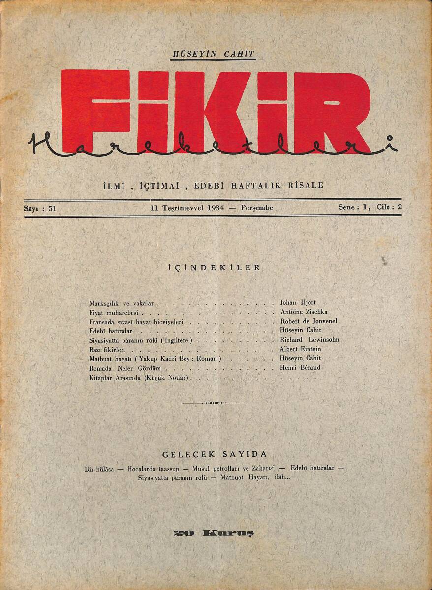 Fikir Hareketleri İlmi, İçtimai, Edebi Haftalık Risale 1934 Sayı 51 - Hüseyin Cahit - Johan Hjort NDR92086 - 1