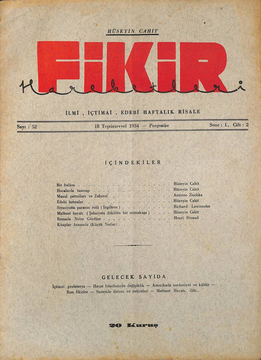 Fikir Hareketleri İlmi, İçtimai, Edebi Haftalık Risale 1934 Sayı 52 - Hüseyin Cahit - Richard Lewinshon NDR92085 - 1