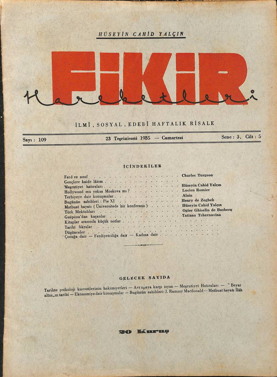 Fikir Hareketleri İlmi, İçtimai, Edebi Haftalık Risale 1935 Sayı 109 - Hüseyin Cahid Yalçın - Tatiana Tchernavina NDR92132 - 1