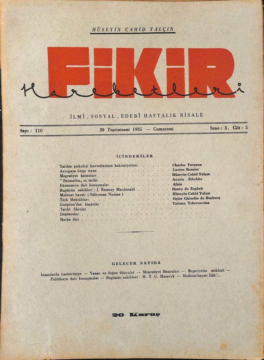 Fikir Hareketleri İlmi, İçtimai, Edebi Haftalık Risale 1935 Sayı 110 - Hüseyin Cahid Yalçın - Lucien Romier NDR92131 - 1