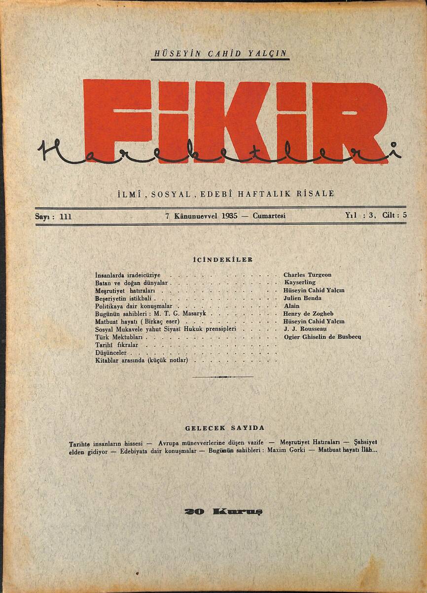 Fikir Hareketleri İlmi, İçtimai, Edebi Haftalık Risale 1935 Sayı 111 - Hüseyin Cahid Yalçın - Charles Turgeon NDR92130 - 1