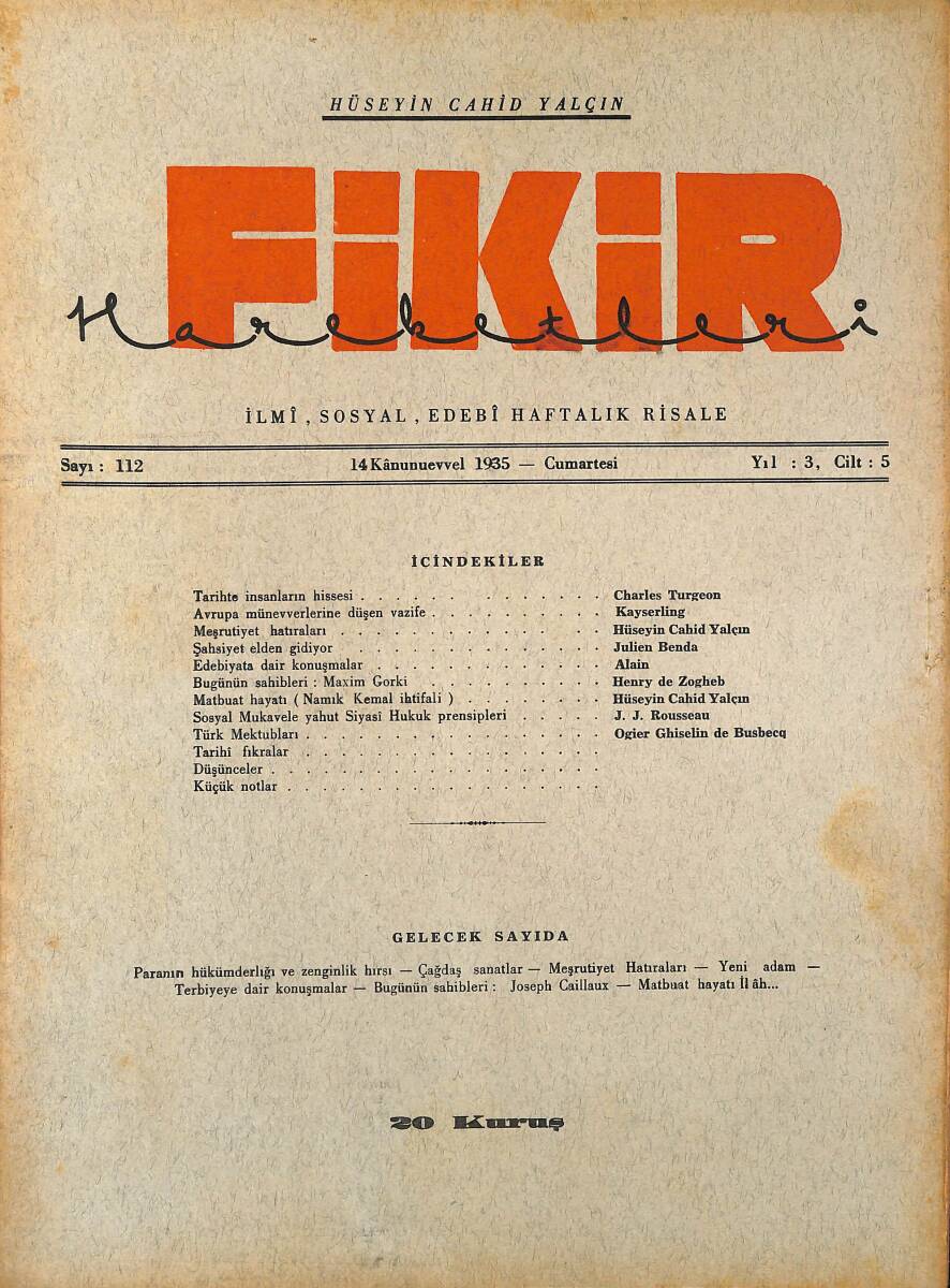 Fikir Hareketleri İlmi, İçtimai, Edebi Haftalık Risale 1935 Sayı 112 - Hüseyin Cahid Yalçın - Kayserling NDR92129 - 1
