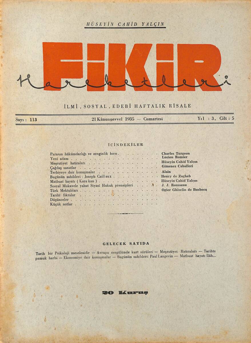Fikir Hareketleri İlmi, İçtimai, Edebi Haftalık Risale 1935 Sayı 113 - Hüseyin Cahid Yalçın - Alain NDR92128 - 1