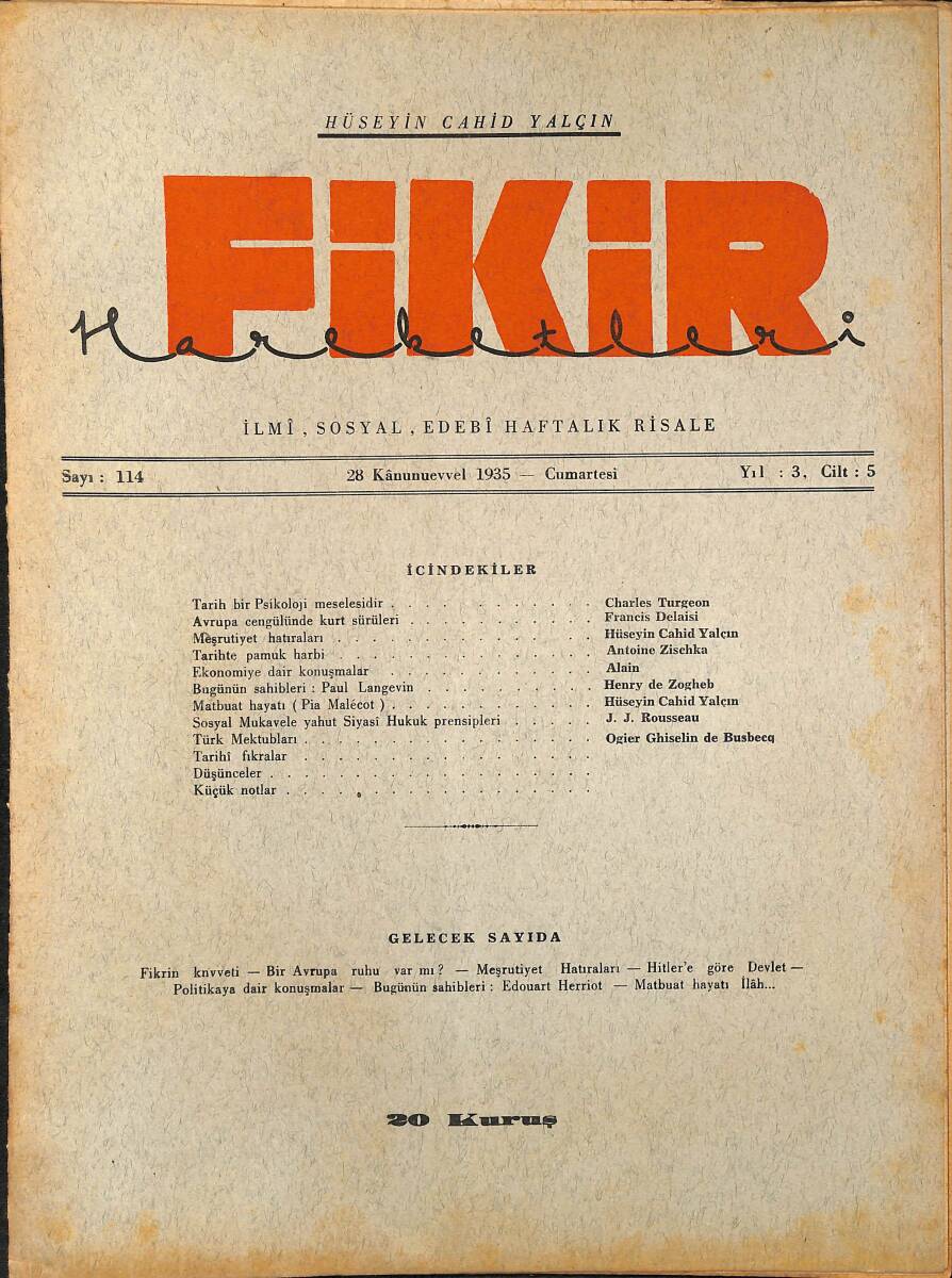 Fikir Hareketleri İlmi, İçtimai, Edebi Haftalık Risale 1935 Sayı 114 - Hüseyin Cahid Yalçın - Francis Delaisi NDR92127 - 1