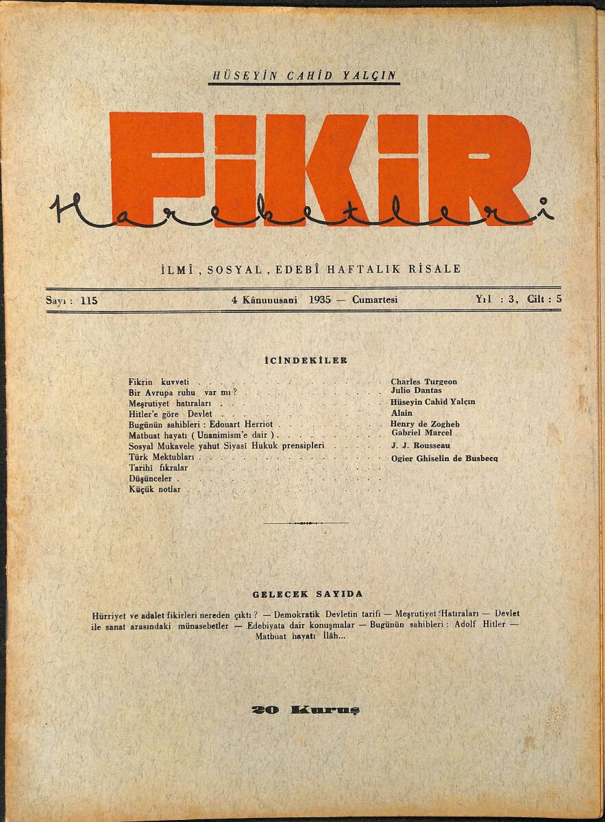 Fikir Hareketleri İlmi, İçtimai, Edebi Haftalık Risale 1935 Sayı 115 - Hüseyin Cahid Yalçın - Julio Dantas NDR92126 - 1