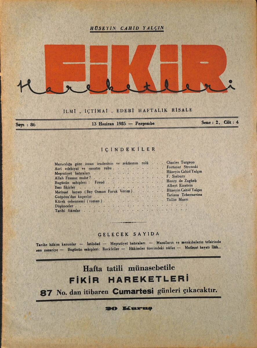 Fikir Hareketleri İlmi, İçtimai, Edebi Haftalık Risale 1935 Sayı 86 - Hüseyin Cahit Yalçın - Tullio Murri NDR92122 - 1