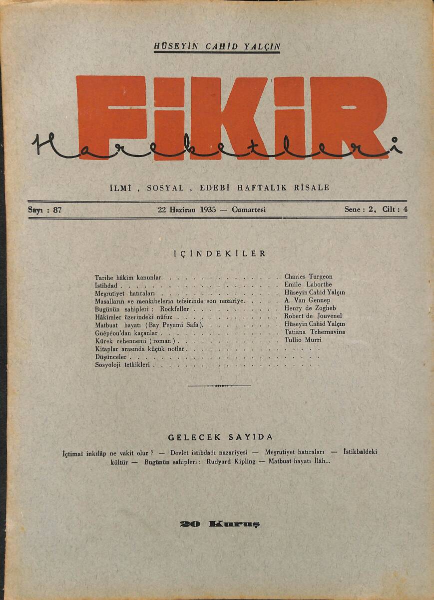 Fikir Hareketleri İlmi, İçtimai, Edebi Haftalık Risale 1935 Sayı 87 - Hüseyin Cahid Yalçın - Emile Laborthe NDR92133 - 1