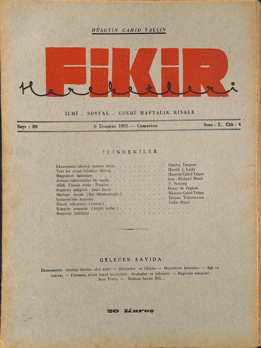 Fikir Hareketleri İlmi, İçtimai, Edebi Haftalık Risale 1935 Sayı 89 - Hüseyin Cahit Yalçın - Charles Turgeon NDR92120 - 1