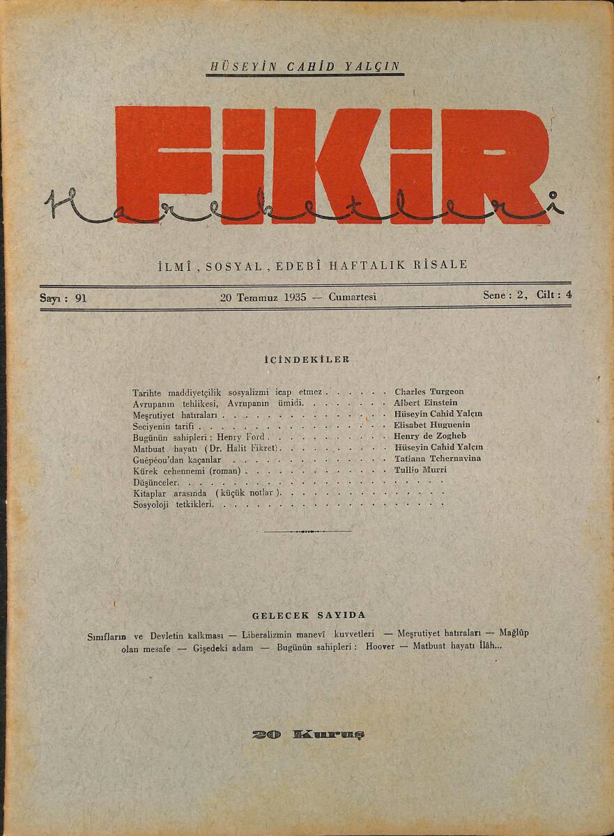 Fikir Hareketleri İlmi, İçtimai, Edebi Haftalık Risale 1935 Sayı 91 - Hüseyin Cahit Yalçın - Albert Einstein NDR92118 - 1