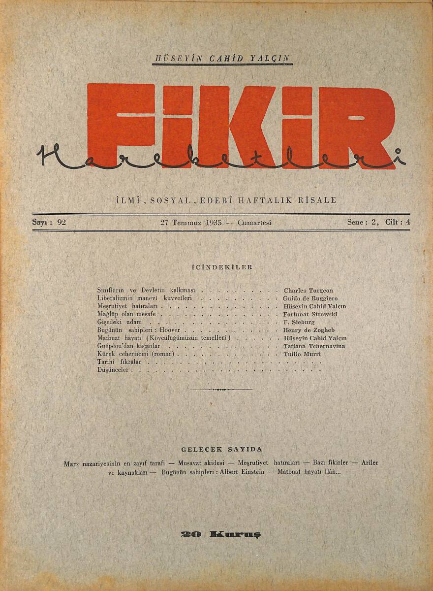 Fikir Hareketleri İlmi, İçtimai, Edebi Haftalık Risale 1935 Sayı 92 - Hüseyin Cahit Yalçın - Charles Turgeon NDR92117 - 1