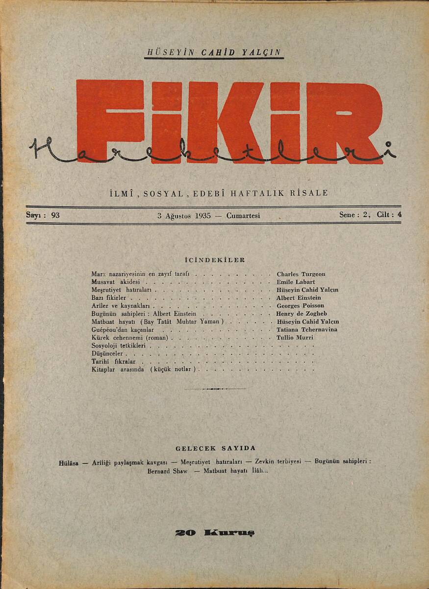 Fikir Hareketleri İlmi, İçtimai, Edebi Haftalık Risale 1935 Sayı 93 - Hüseyin Cahit Yalçın - Tullio Murri NDR92116 - 1