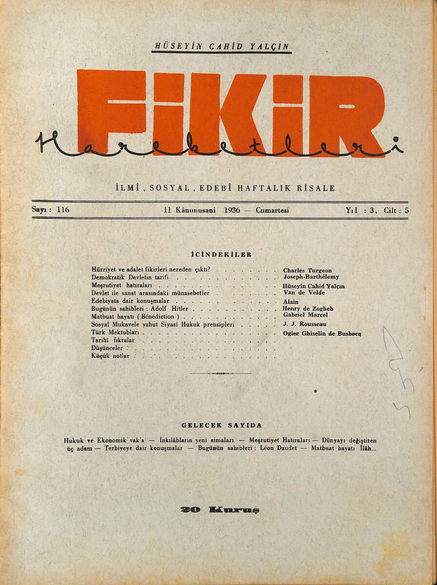 Fikir Hareketleri İlmi, İçtimai, Edebi Haftalık Risale 1936 Sayı 116 - Hüseyin Cahid Yalçın - Van De Velde NDR92125 - 1