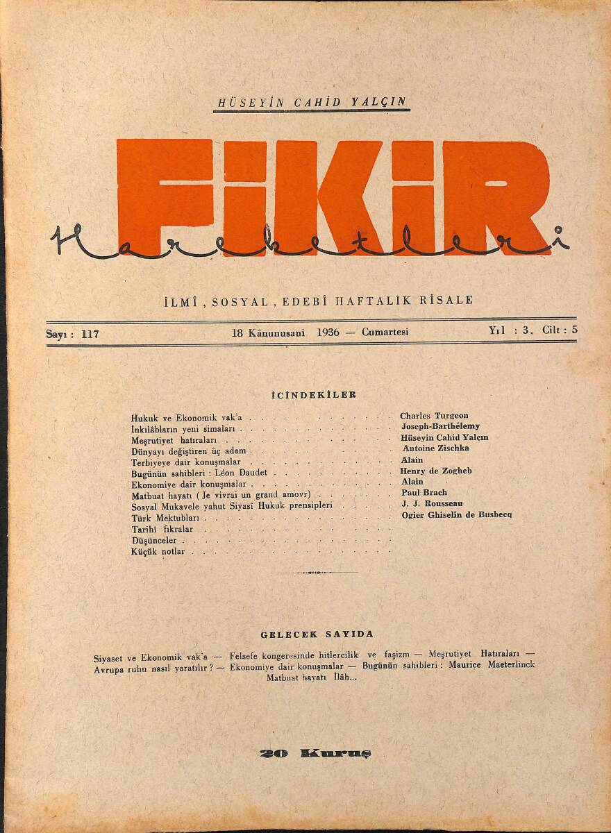 Fikir Hareketleri İlmi, İçtimai, Edebi Haftalık Risale 1936 Sayı 117 - Hüseyin Cahid Yalçın - Alain NDR92124 - 1
