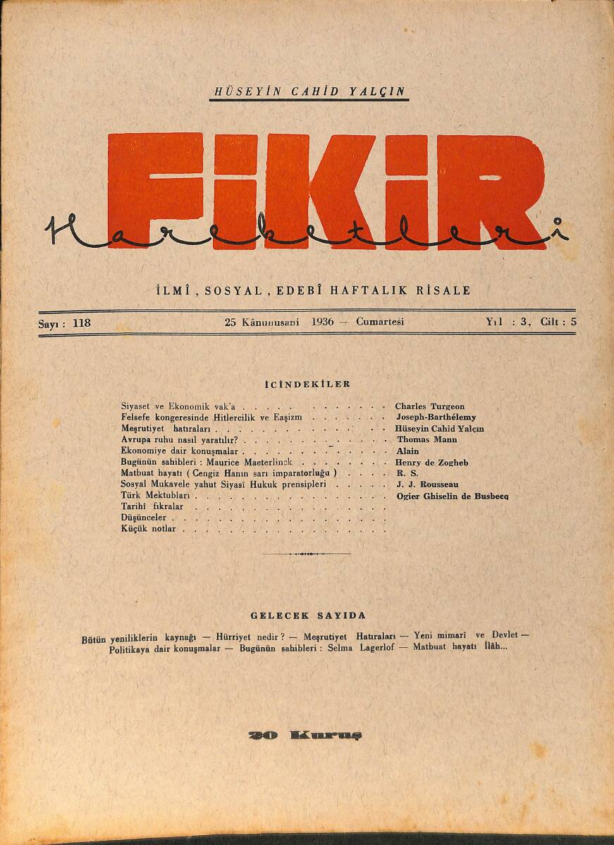 Fikir Hareketleri İlmi, İçtimai, Edebi Haftalık Risale 1936 Sayı 118 - Hüseyin Cahit Yalçın - Thomas Mann NDR92123 - 1