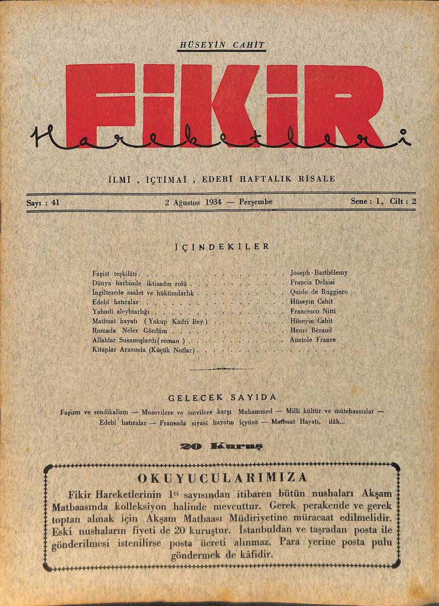 Fikir Hareketleri İlmi, İçtimai, Edebi Haftalık Risale 2 Ağustos 1934 Sayı: 41 - Hüseyin Cahit Yalçın - Anatole France NDR98765 - 1