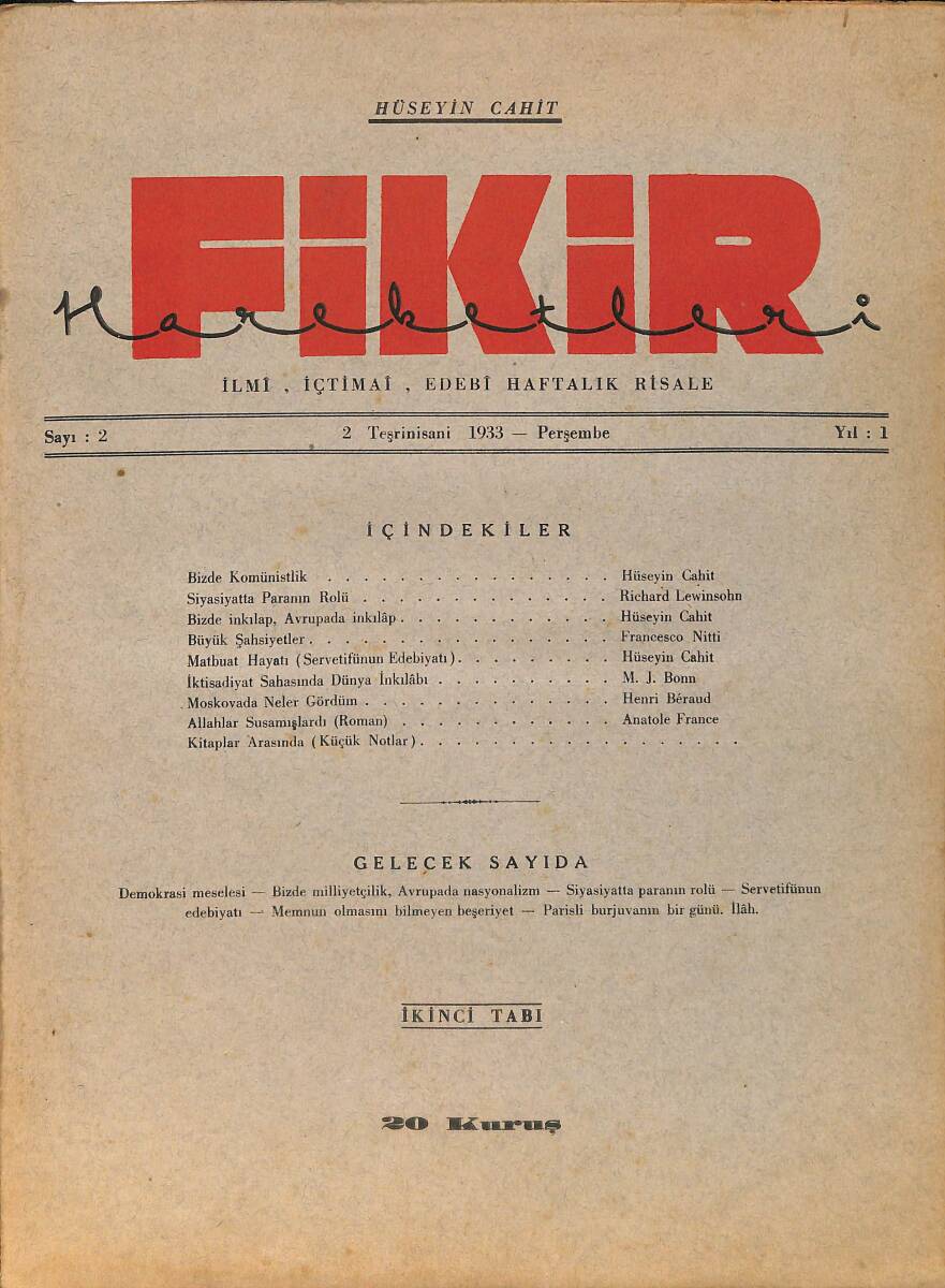 Fikir Hareketleri İlmi, İçtimai, Edebi Haftalık Risale 2 Kasım (Teşrinisani) 1933 Sayı: 2 - Hüseyin Cahit Yalçın - Anatole France NDR98745 - 1