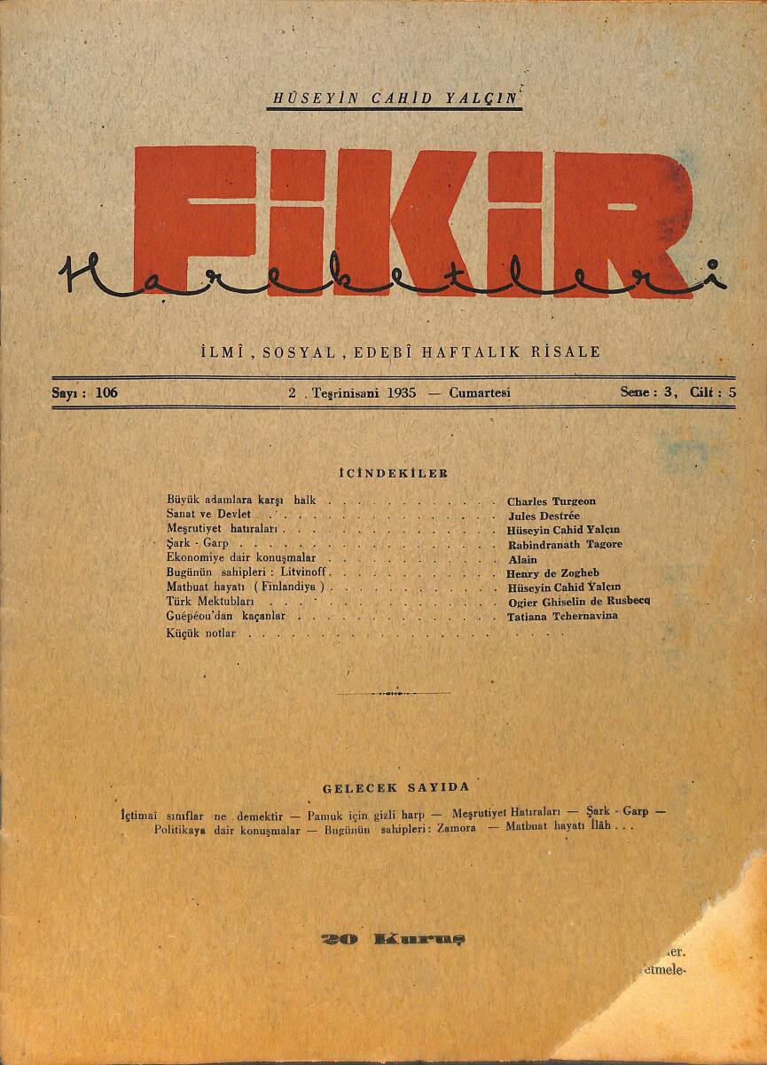 Fikir Hareketleri İlmi, İçtimai, Edebi Haftalık Risale 2 Kasım (Teşrinisani) 1935 Sayı: 106 - Hüseyin Cahit Yalçın - Charles Turgeon NDR98792 - 1