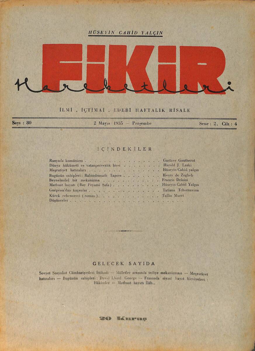 Fikir Hareketleri İlmi, İçtimai, Edebi Haftalık Risale 2 Mayıs 1935 Sayı: 80 - Hüseyin Cahit Yalçın - Tullio Murri NDR98768 - 1