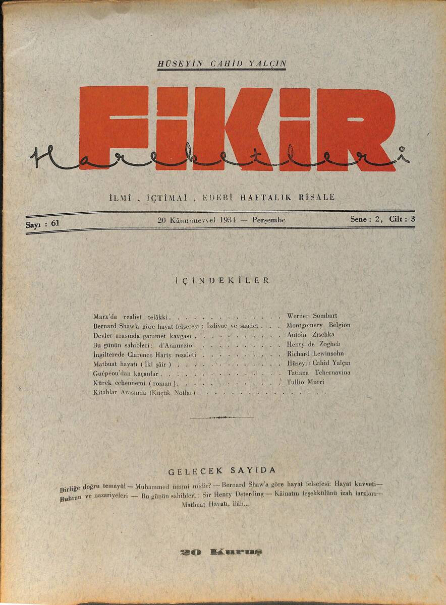 Fikir Hareketleri İlmi, İçtimai, Edebi Haftalık Risale 20 Aralık (Kanunuevvel) 1934 Sayı: 61 - Hüseyin Cahit Yalçın - Werner Sombart NDR98741 - 1