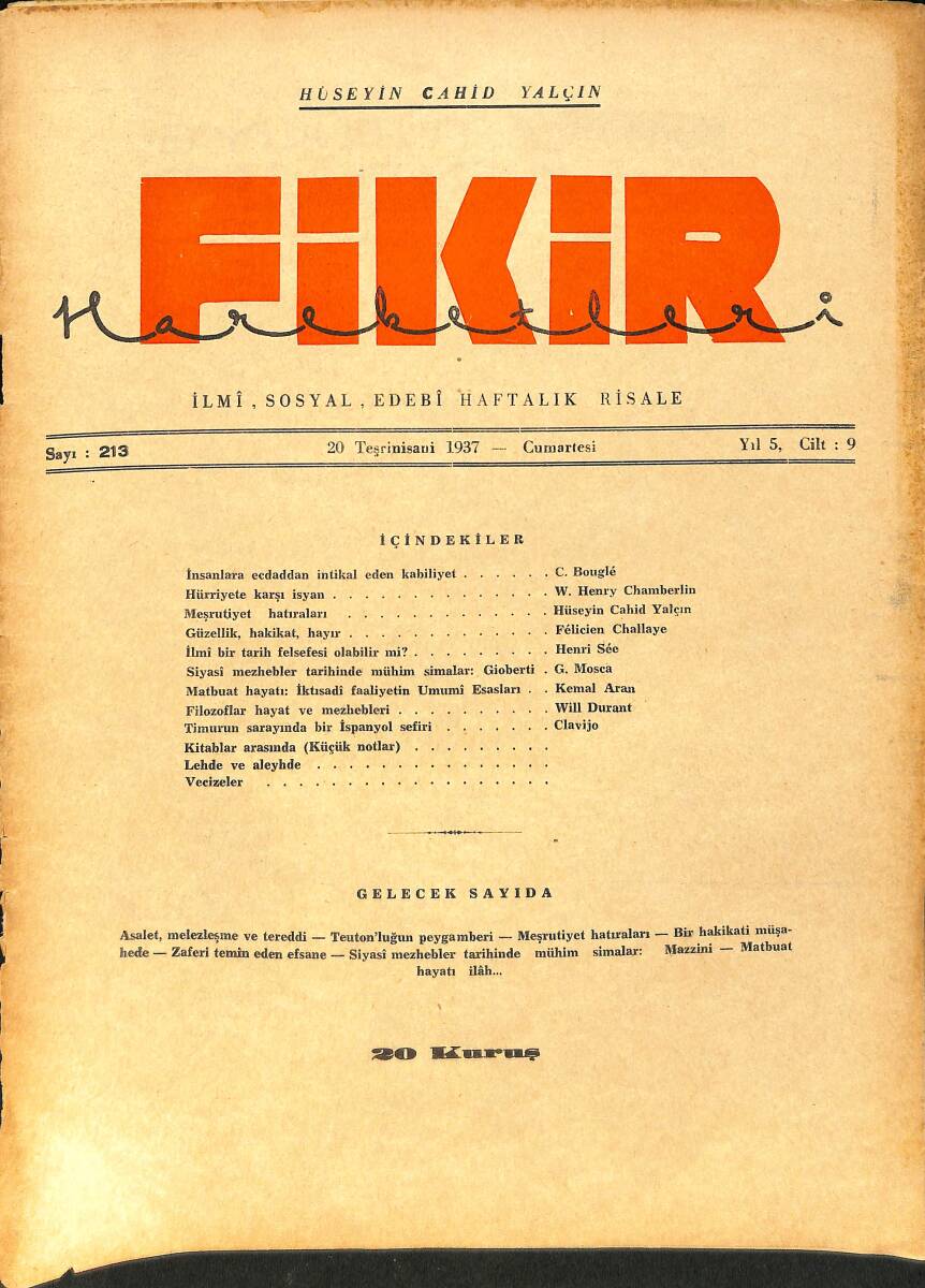 Fikir Hareketleri İlmi, İçtimai, Edebi Haftalık Risale 20 Kasım (Teşrinisani) 1937 Sayı: 213 - Hüseyin Cahit Yalçın NDR99451 - 1