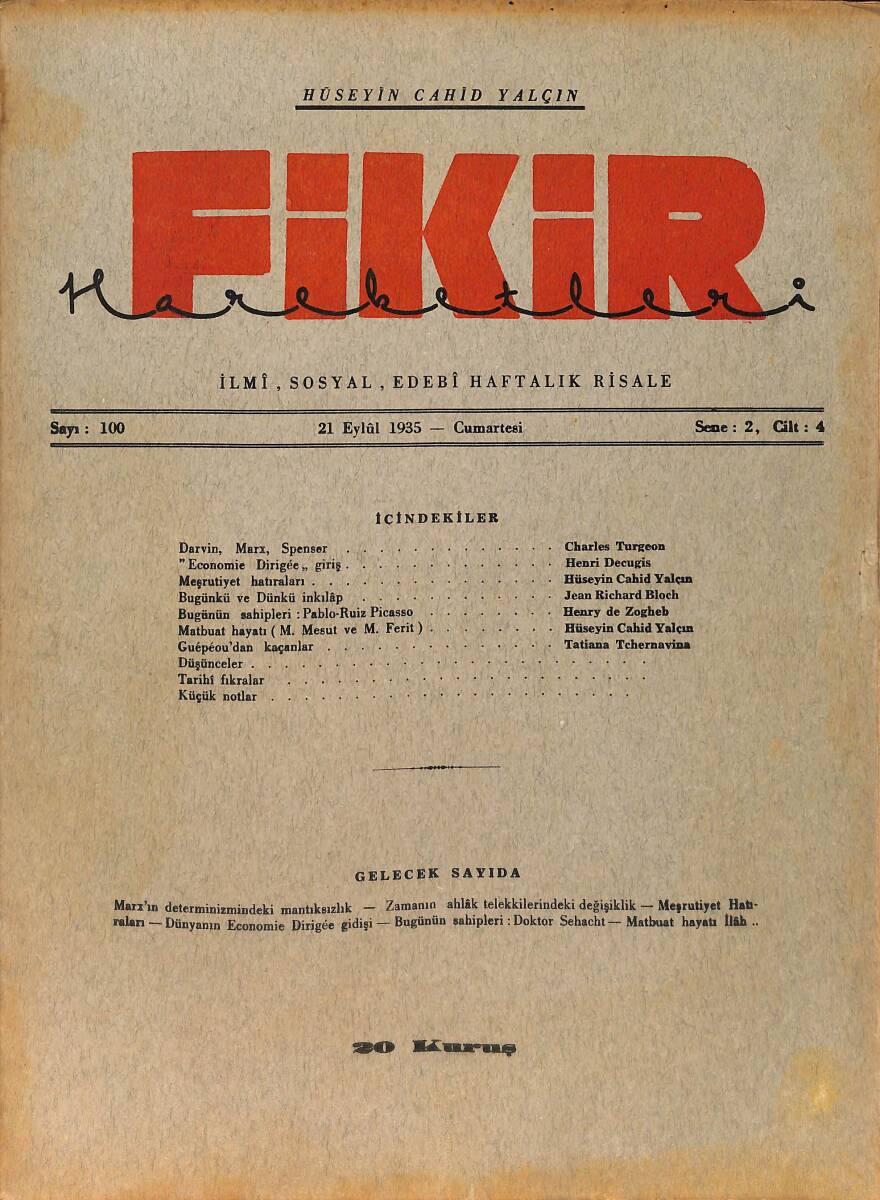 Fikir Hareketleri İlmi, İçtimai, Edebi Haftalık Risale 21 Eylül 1935 Sayı: 100 - Hüseyin Cahit Yalçın - Charles Turgeon NDR98787 - 1