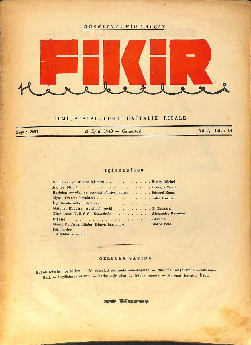Fikir Hareketleri İlmi, İçtimai, Edebi Haftalık Risale 21 Eylül 1940 Sayı: 361 - Hüseyin Cahit Yalçın NDR99439 - 1