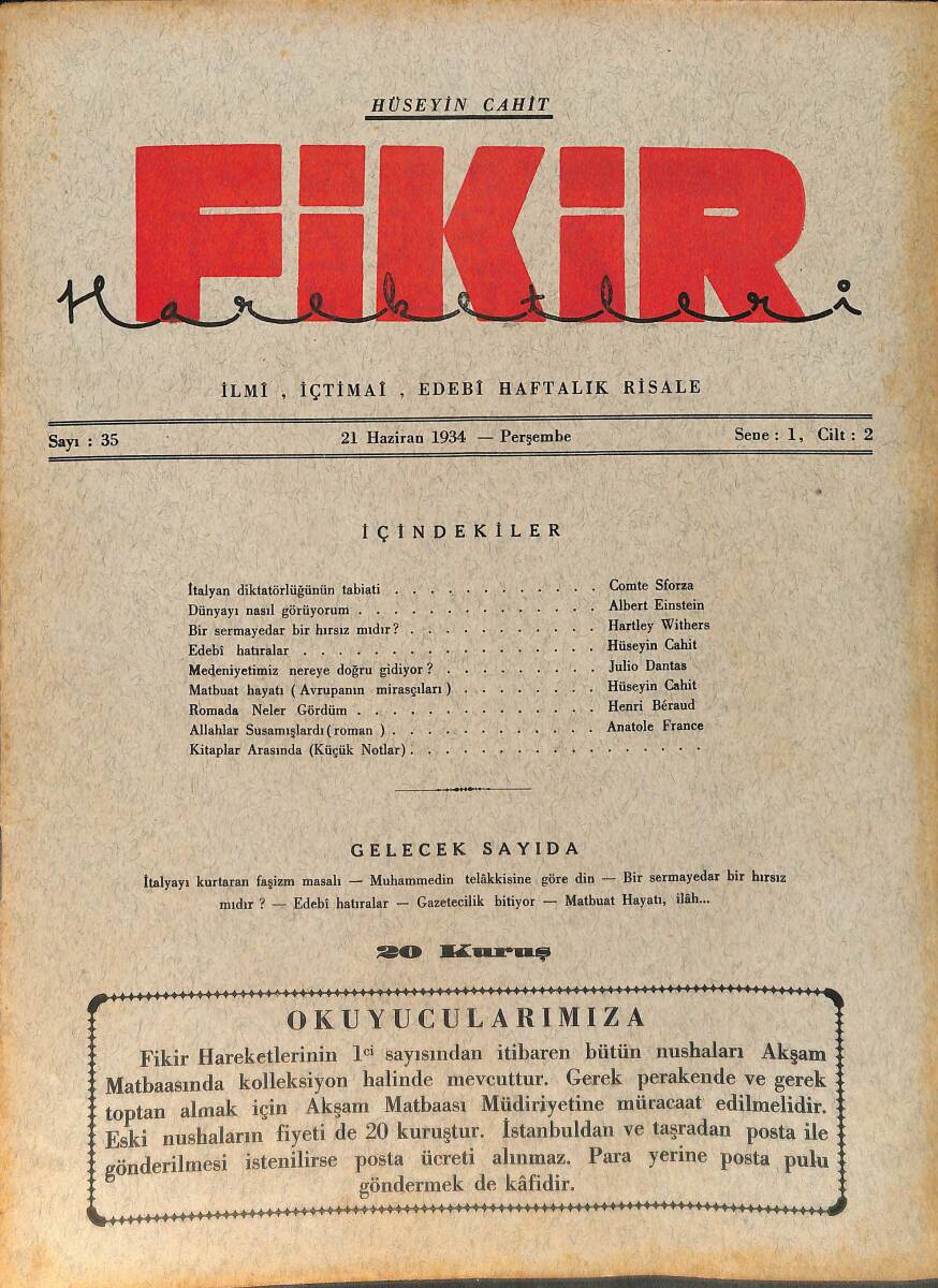 Fikir Hareketleri İlmi, İçtimai, Edebi Haftalık Risale 21 Haziran 1934 Sayı: 35 - Hüseyin Cahit Yalçın - Anatole France NDR98772 - 1