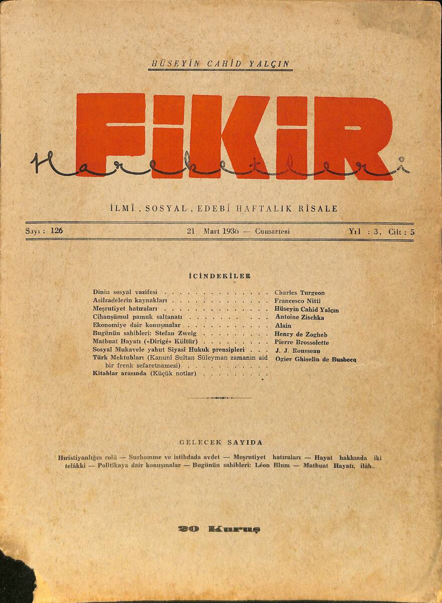 Fikir Hareketleri İlmi, İçtimai, Edebi Haftalık Risale 21 Mart 1936 Sayı: 126 - Hüseyin Cahit Yalçın NDR99415 - 1