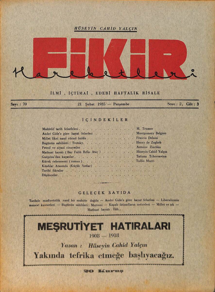 Fikir Hareketleri İlmi, İçtimai, Edebi Haftalık Risale 21 Şubat 1935 Sayı: 70 - Hüseyin Cahit Yalçın - Tullio Murri NDR98755 - 1
