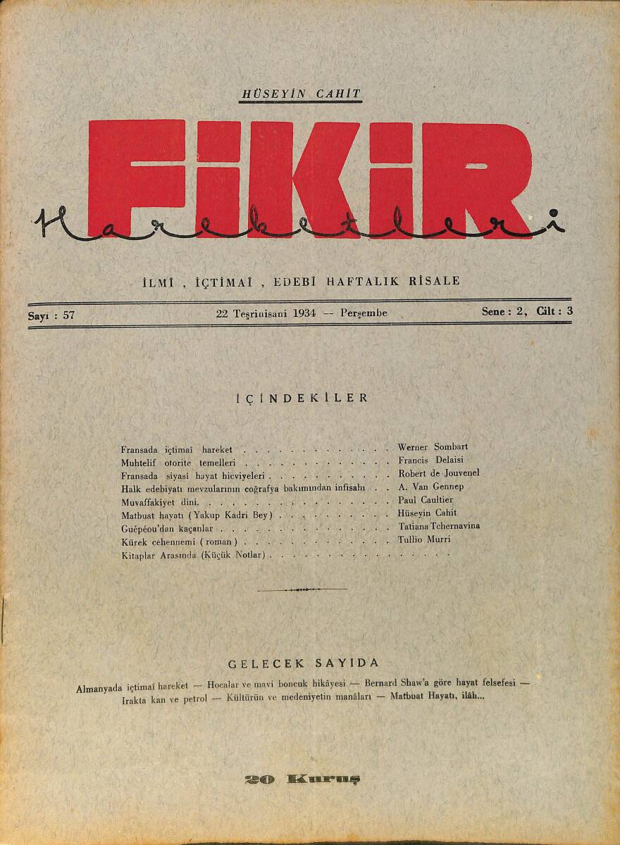Fikir Hareketleri İlmi, İçtimai, Edebi Haftalık Risale 22 Kasım (Teşrinisani) 1934 Sayı: 57 - Hüseyin Cahit Yalçın - Werner Sombart NDR98796 - 1