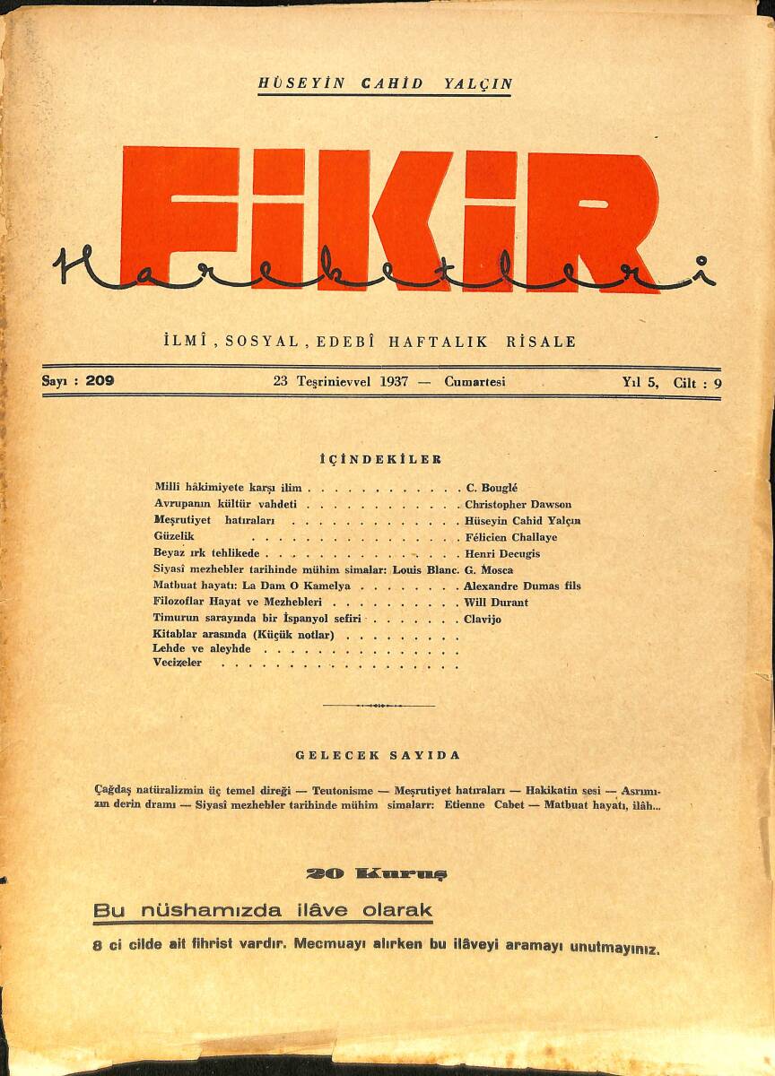 Fikir Hareketleri İlmi, İçtimai, Edebi Haftalık Risale 23 Ekim (Teşrinievvel) 1937 Sayı: 209 - Hüseyin Cahit Yalçın NDR99423 - 1