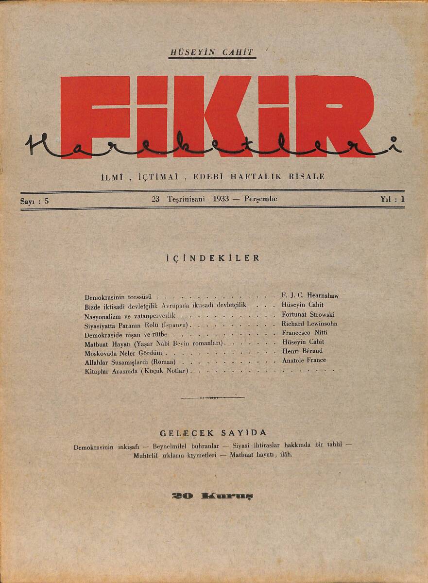 Fikir Hareketleri İlmi, İçtimai, Edebi Haftalık Risale 23 Kasım (Teşrinisani) 1933 Sayı: 5 - Hüseyin Cahit Yalçın - Henri Beraud NDR98742 - 1
