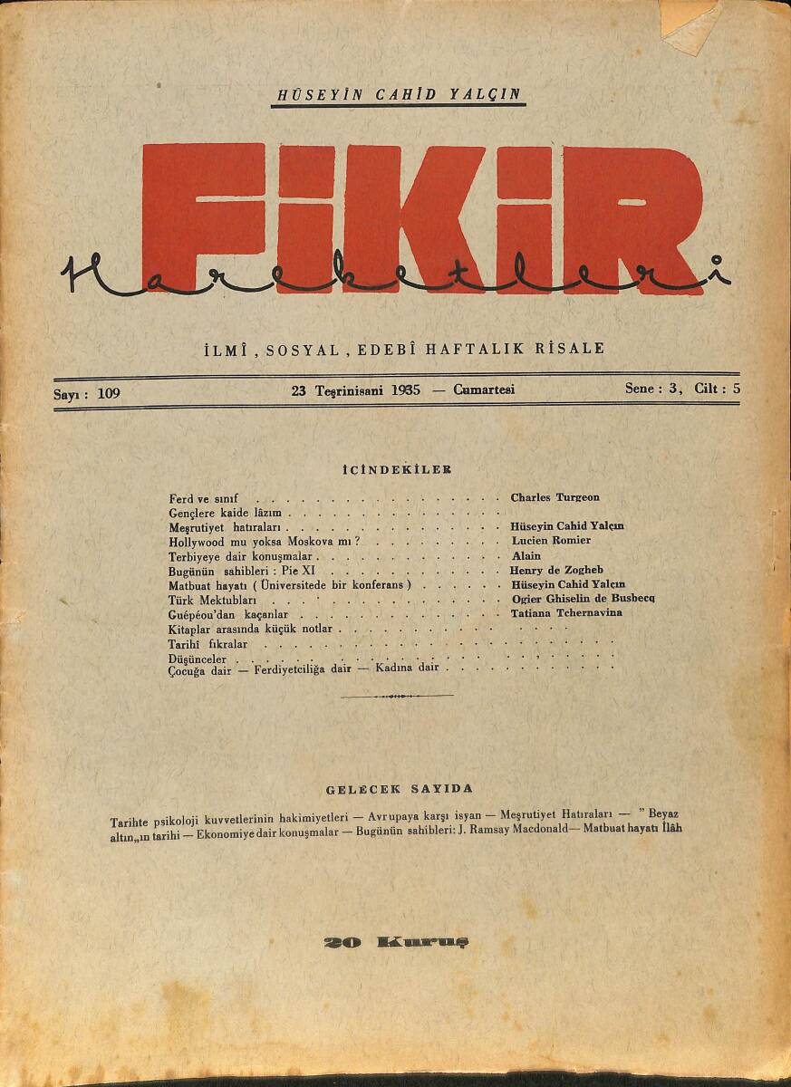 Fikir Hareketleri İlmi, İçtimai, Edebi Haftalık Risale 23 Kasım (Teşrinisani) 1935 Sayı: 109 - Hüseyin Cahit Yalçın NDR99419 - 1