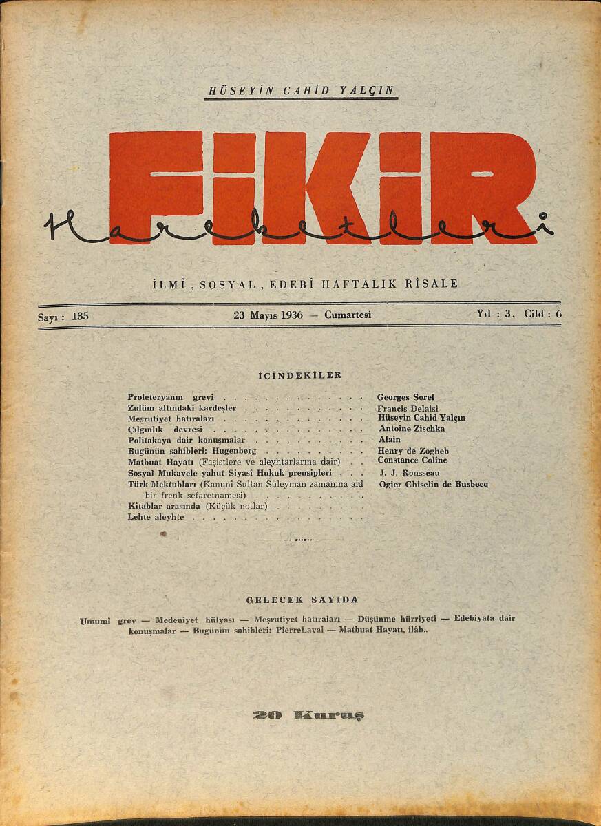 Fikir Hareketleri İlmi, İçtimai, Edebi Haftalık Risale 23 Mayıs 1936 Sayı: 135 - Hüseyin Cahit Yalçın NDR99429 - 1