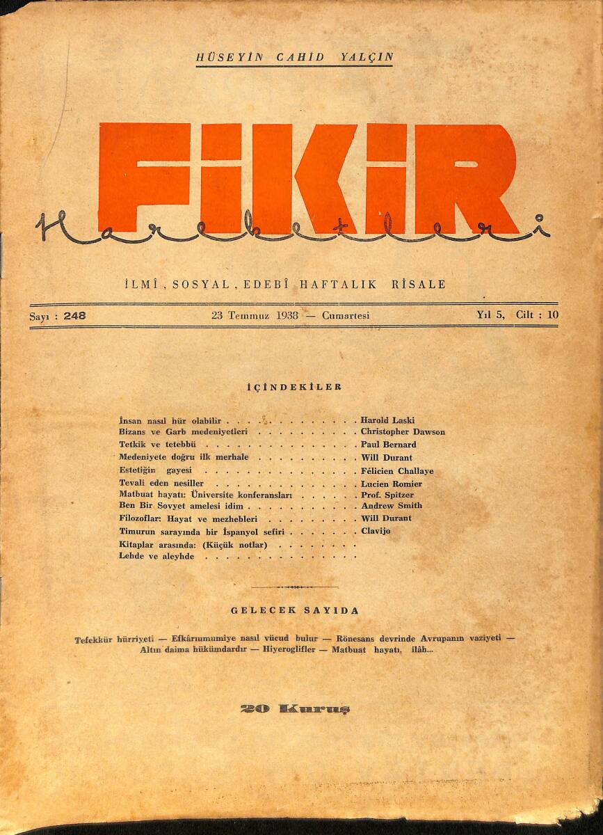 Fikir Hareketleri İlmi, İçtimai, Edebi Haftalık Risale 23 Temmuz 1938 Sayı: 248 - Hüseyin Cahit Yalçın NDR99432 - 1