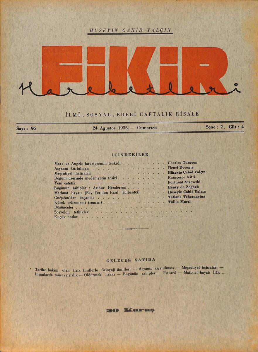 Fikir Hareketleri İlmi, İçtimai, Edebi Haftalık Risale 24 Ağustos 1935 Sayı: 96 - Hüseyin Cahit Yalçın - Charles Turgeon NDR98783 - 1