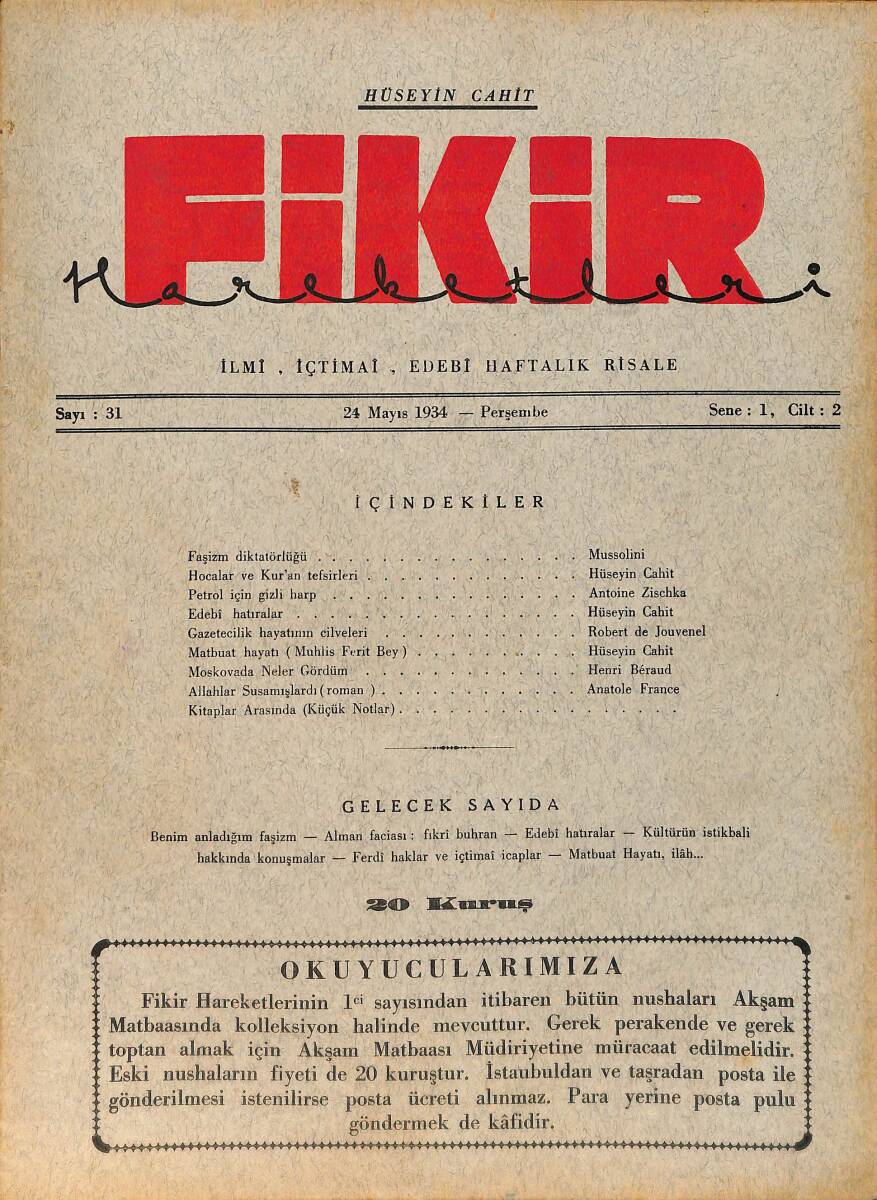 Fikir Hareketleri İlmi, İçtimai, Edebi Haftalık Risale 24 Mayıs 1934 Sayı: 31 - Hüseyin Cahit Yalçın - Anatole France NDR98775 - 1