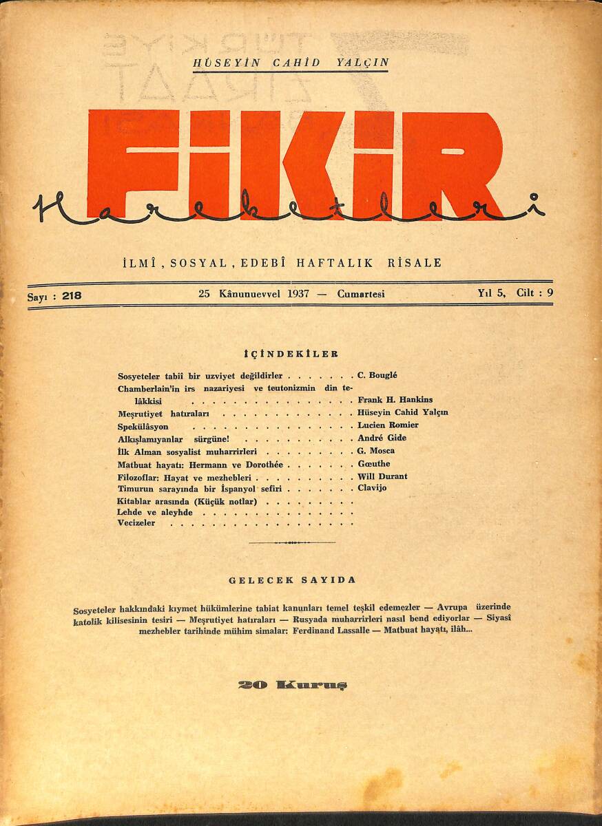 Fikir Hareketleri İlmi, İçtimai, Edebi Haftalık Risale 25 Aralık (Kanunuevvel) 1937 Sayı: 218 - Hüseyin Cahit Yalçın NDR99455 - 1