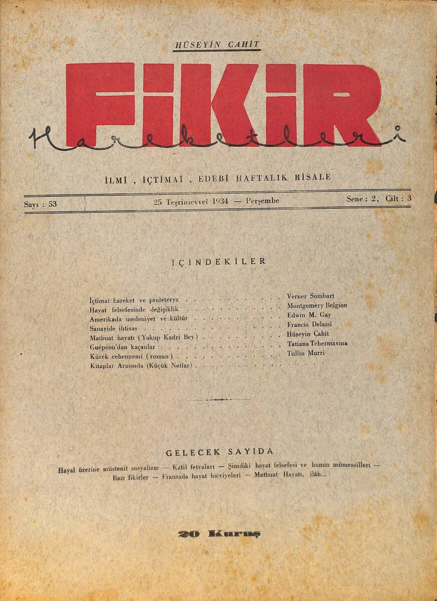 Fikir Hareketleri İlmi, İçtimai, Edebi Haftalık Risale 25 Ekim (Teşrinievvel) 1934 Sayı: 53 - Hüseyin Cahit Yalçın - Werner Sombart NDR98800 - 1
