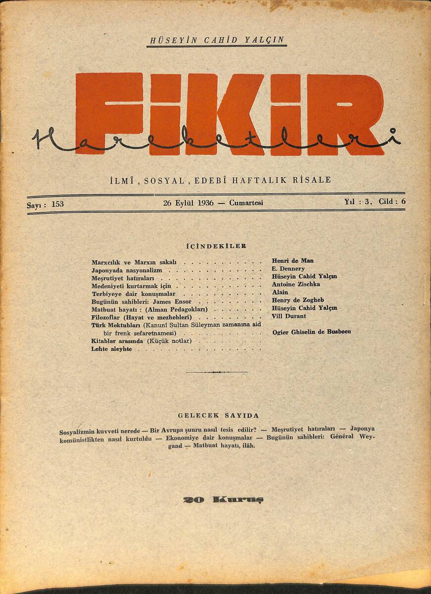 Fikir Hareketleri İlmi, İçtimai, Edebi Haftalık Risale 26 Eylül 1936 Sayı: 153 - Hüseyin Cahit Yalçın NDR99445 - 1