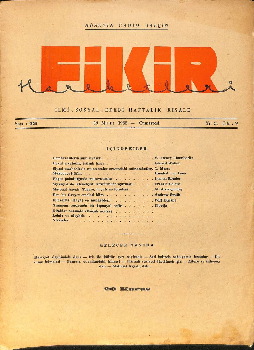 Fikir Hareketleri İlmi, İçtimai, Edebi Haftalık Risale 26 Mart 1938 Sayı: 231 - Hüseyin Cahit Yalçın NDR99431 - 1