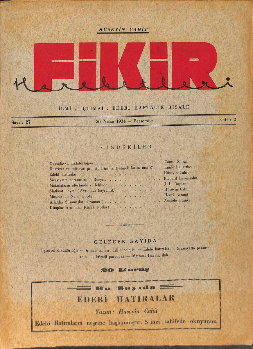 Fikir Hareketleri İlmi, İçtimai, Edebi Haftalık Risale 26 Nisan 1934 Sayı: 27 - Hüseyin Cahit Yalçın - Comte Sforza NDR98780 - 1
