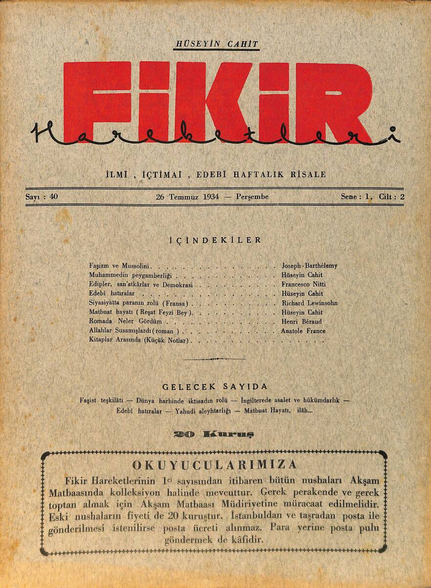 Fikir Hareketleri İlmi, İçtimai, Edebi Haftalık Risale 26 Temmuz 1934 Sayı: 40 - Hüseyin Cahit Yalçın - Anatole France NDR98766 - 1