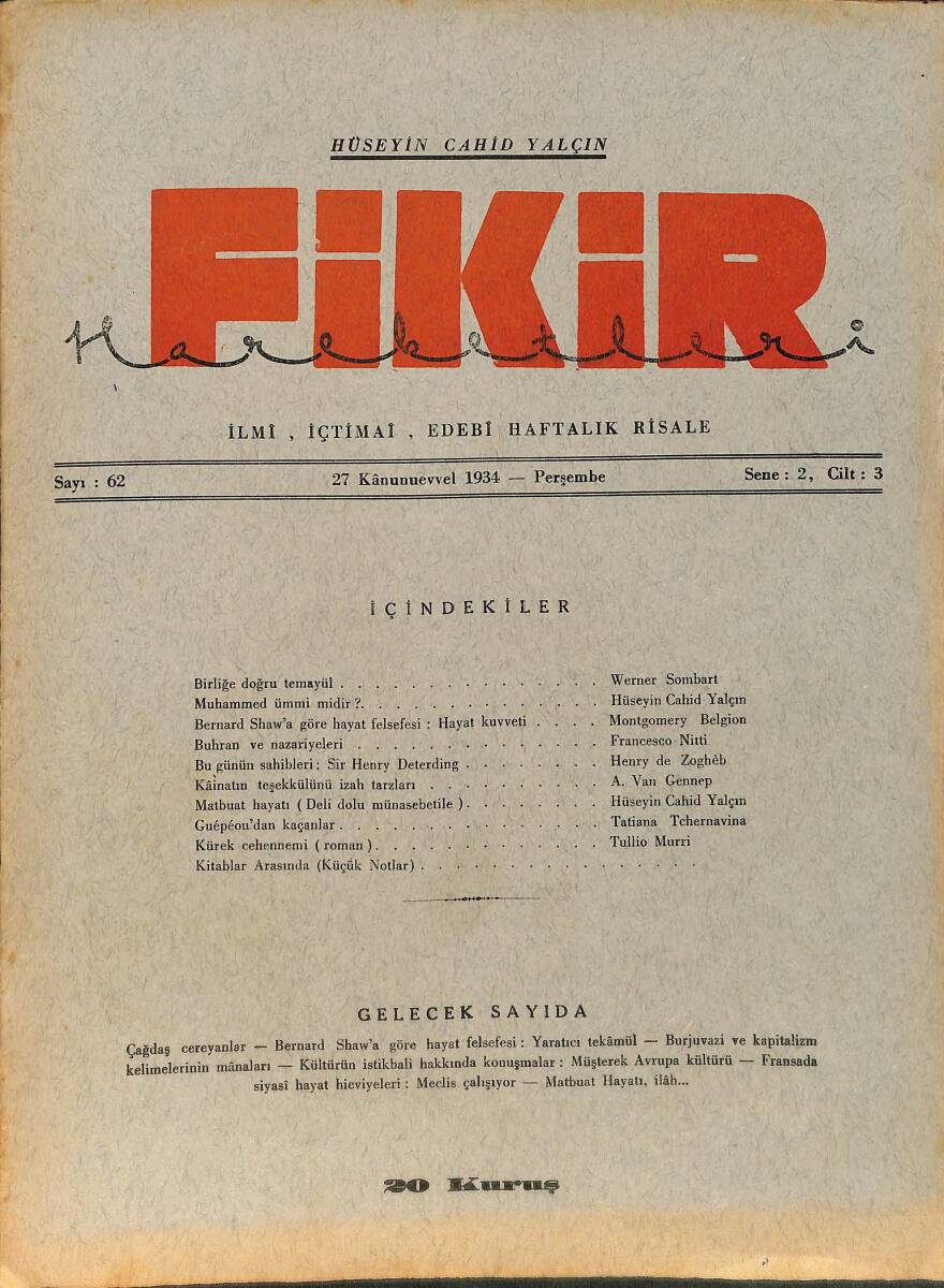 Fikir Hareketleri İlmi, İçtimai, Edebi Haftalık Risale 27 Aralık (Kanunuevvel) 1934 Sayı: 62- Hüseyin Cahit Yalçın - Werner Sombart NDR98763 - 1