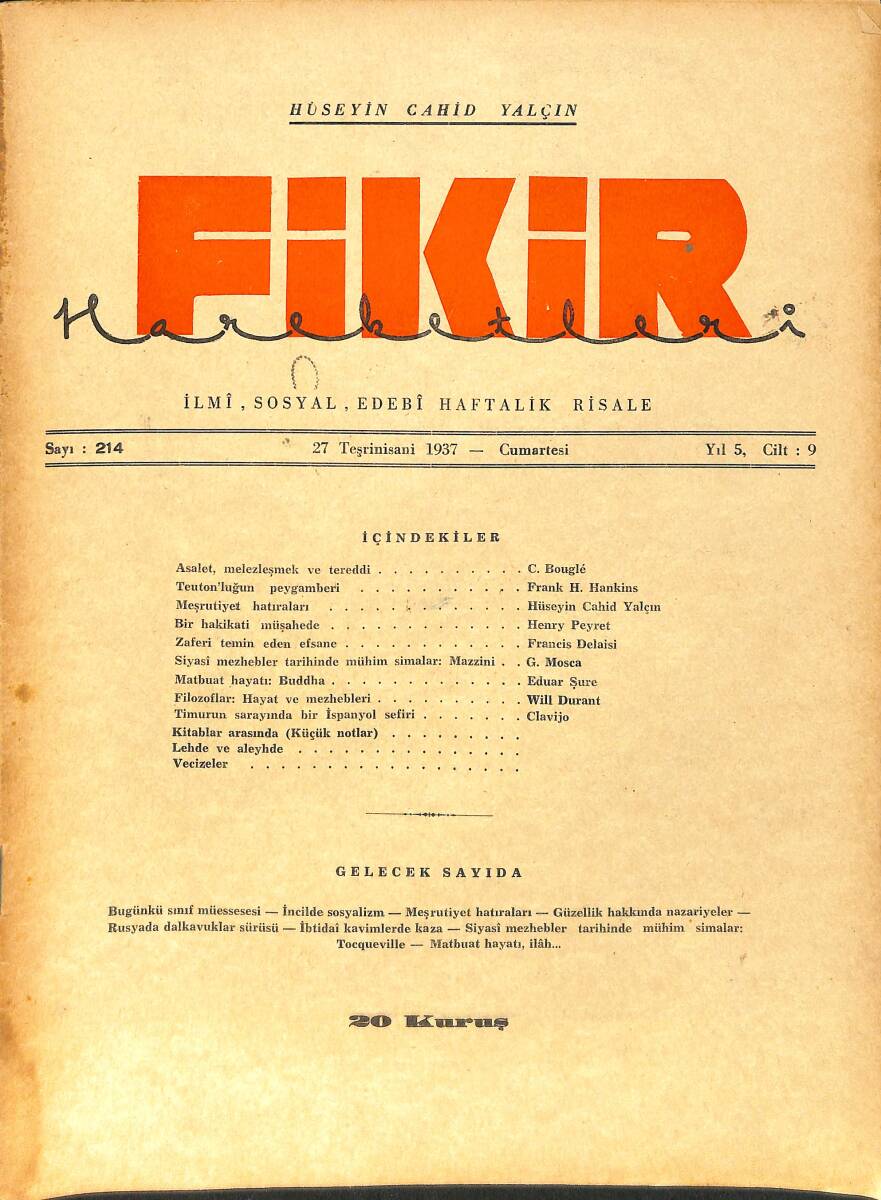 Fikir Hareketleri İlmi, İçtimai, Edebi Haftalık Risale 27 Kasım (Teşrinisani) 1937 Sayı: 214 - Hüseyin Cahit Yalçın NDR99452 - 1